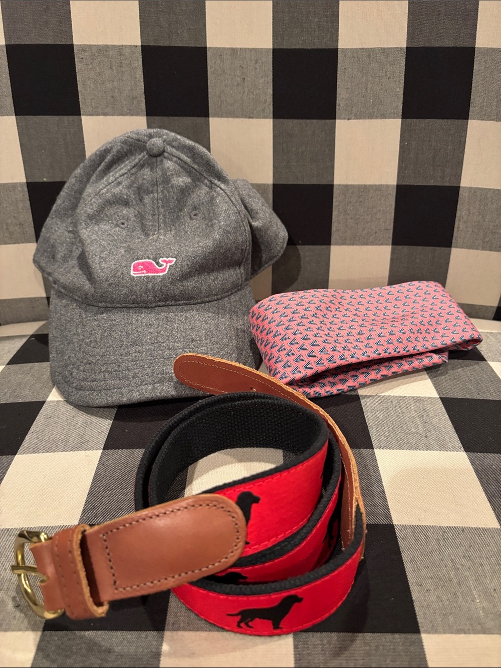 Vineyard Vines Gray Wool Cap with Pink Whale Embroidery, belt and tie bundle